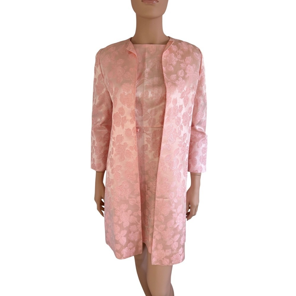 Vintage 60s Pink Damask Floral Dress and Jacket Set Home Sewn MCM Mod 2pc - Picture 14 of 16